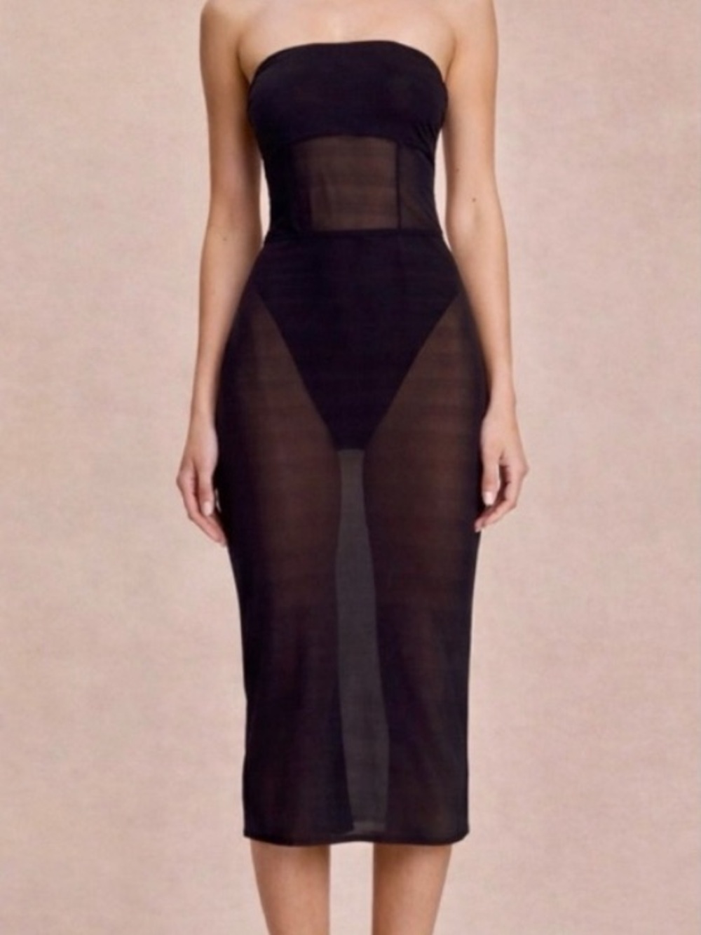 KHY Dress Midi Mesh Brown Chocolate Tube Strapless NWT Size XSmall Sheer Bodycon